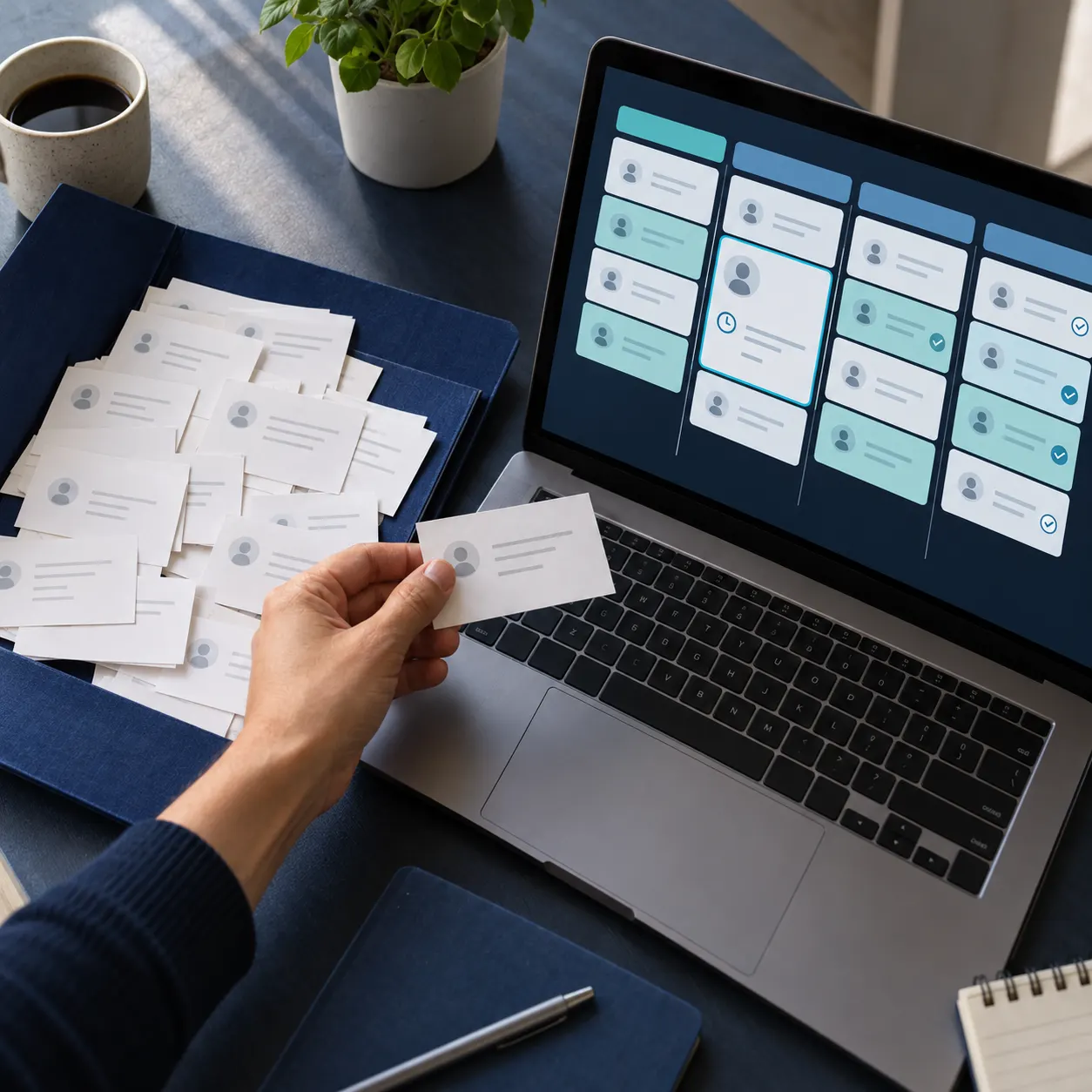 مشهد توضيحي لطلبات ورقية متفرقة بجوار لوحة CRM تعرض مراحل المتابعة وموعد التواصل